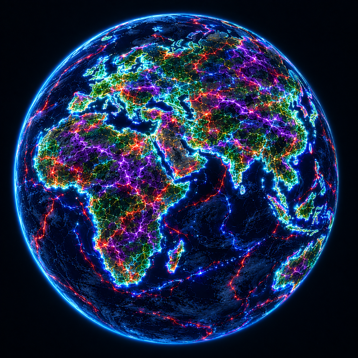 Glowing LUMIVERSE pathways across Europe, Africa and Asia