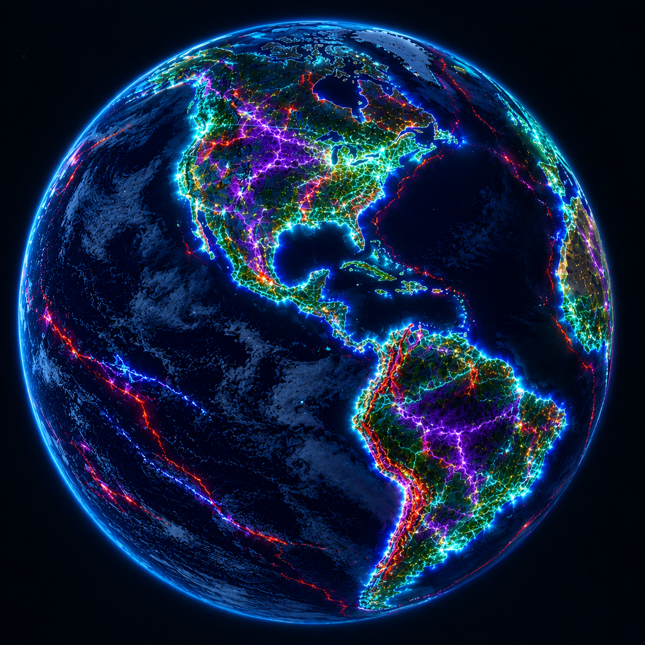 Glowing LUMIVERSE pathways across the Americas